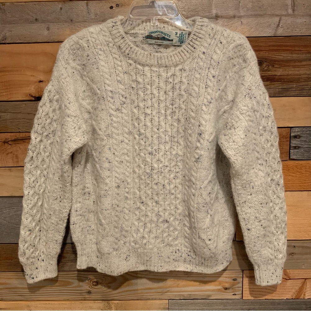 Arancrafts Ireland 100% Merino Wool Cable Knit Sweater Cream Size M